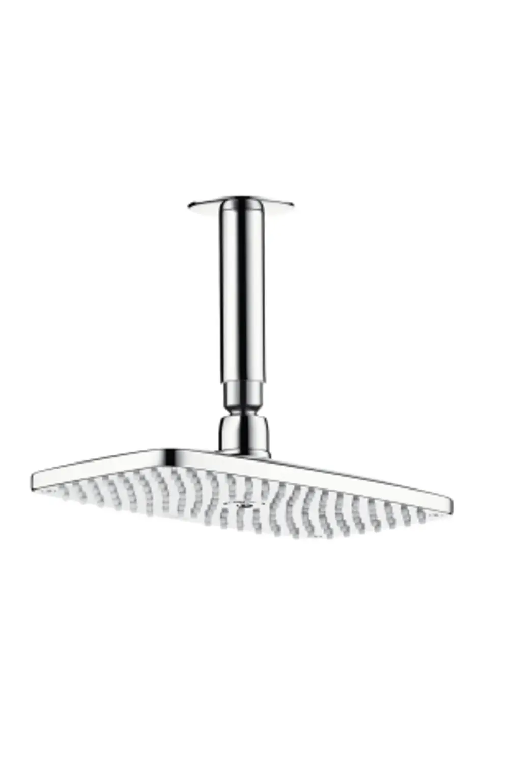 Deckenmontierte Kopfbrause in Chrom von Hansgrohe mit einem flachen, quadratischen Sprühkopf und einer Vielzahl an  Düsen für Wasserstrahlen.